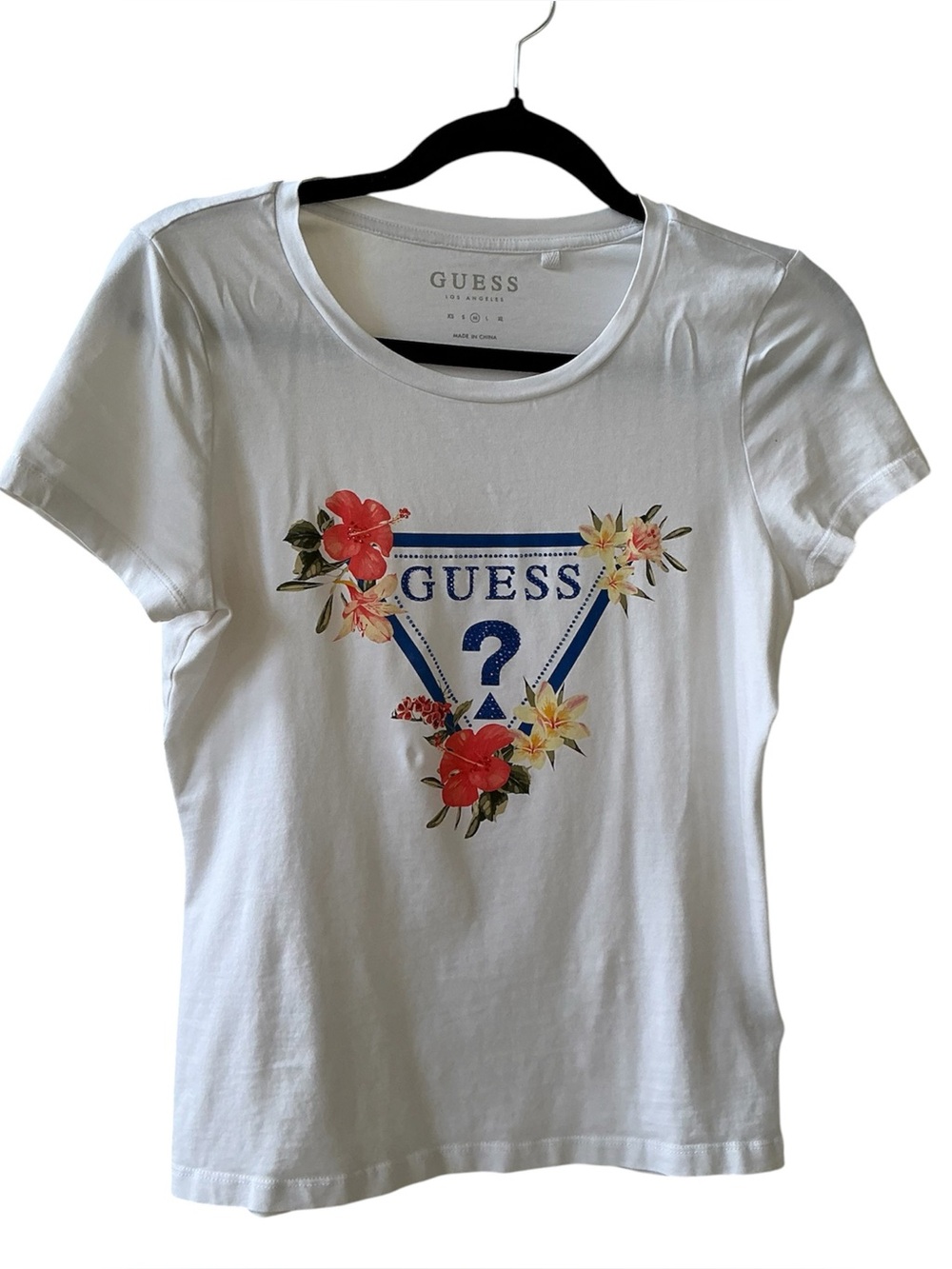 GUESS White Floral Triangle Logo Tee